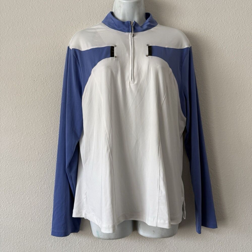 Jamie Sadock Golf Top Womens XL White Blue Colorblock 1/4 Zip Mock Neck Long